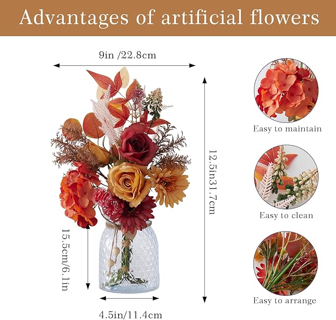 Fake Flowers with Vase Combo Orange Flowers Mix Silk Artificial Flower Gerbera, Fake Plastic Flower Bulk Decoration, Faux flower for DIY Wedding Bridal Bouquets, Floral Arrangement, Table Centerpieces