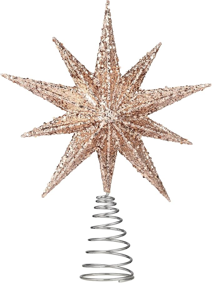 Lewondr Christmas Tree Topper Star, 13inch 10-Point Light Up Xmas Star Treetop with Plug and Remote Control for Home Christmas Decoration, 6H Timer & 8 Lighting Modes, Warm Light, Rose Gold