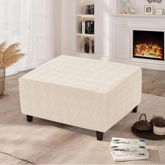 Square Ottoman Cover Large Stretch Storage Ottoman Bench Covers Slipcovers Cube Jacquard Covers for Square Ottomans Coffee Table Footrest Stool Cover with Elastic Bottom S Beige