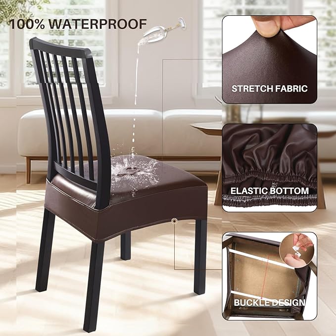 SearchI Waterproof PU Dining Chair Seat Covers Set of 6, Soft Removable Washable Seat Covers for Dining Chairs, Dining Room Seat Cover Slipcover Protector (Rear-Covered, PU Brown)