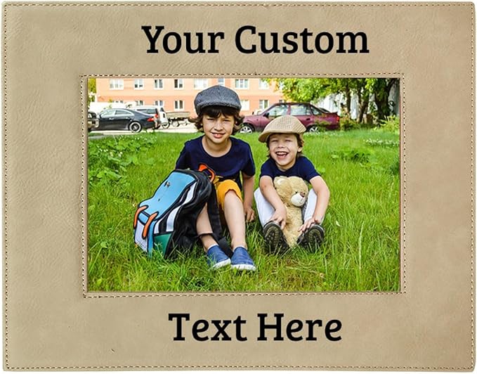 CustomGiftsNow Personalized Add Your Custom Text Engraved Leatherette Faux Leather Hanging/Tabletop Personalized Group Family Photo Picture Frame (Light Brown, 5x7-inch Horizontal)