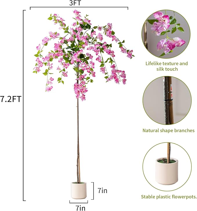 7.2FT Artificial Bougainvillea Tree Artificial Tree Tall Potted Fake Bougainvillea Trees for Outdoor Indoor Lifelike Potted Faux Plants with Wood Trunk and Flowers Office Wedding Home Decor
