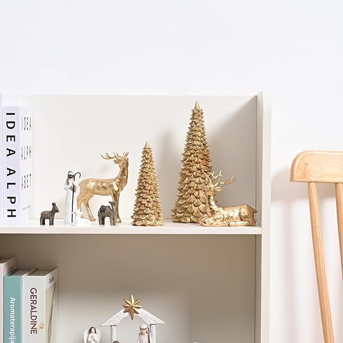 Gold Christmas Tree Figurines, 2Pcs Resin Glitter Christmas Tree for Tabletop Decoration, Small Christmas Trees Set, Decorative Xmas Trees for Christmas Mantel Indoor Home Decor