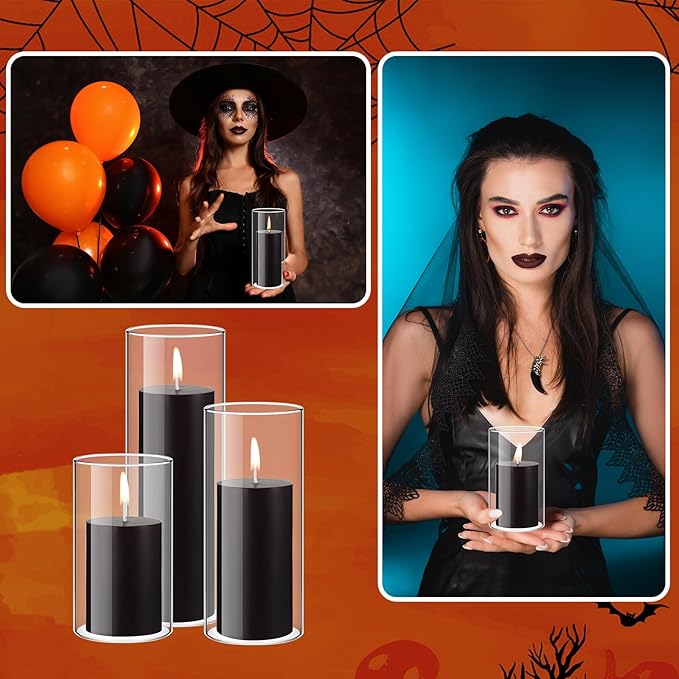 Shihanee Set of 3 Pillar Candles and 3 Glass Cylinder Candle Vases Holders Clear Pillar Jars for Wedding Centerpieces(2.6'' X 4.7'', 5.9'', 7.9'',Black)