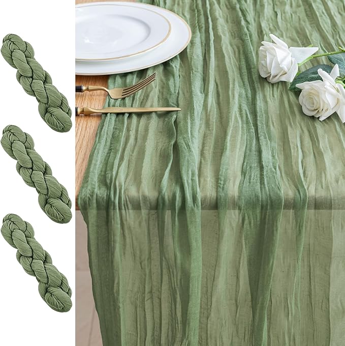 3PCS Table Runner Cheesecloth 10FT Sage Green Boho Gauze Cheese Cloth Rustic Sheer Table Runners for Wedding Bridal Baby Shower Party Decoration