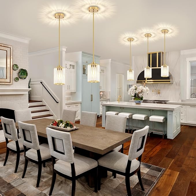 Pendant Lights Kitchen Island, Modern Brushed Gold Pendant Light Fixtures, Kitchen Hanging Lights Mini Chandelier Crystal Pendant Lighting for Island Dining Room Hallway Bedroom