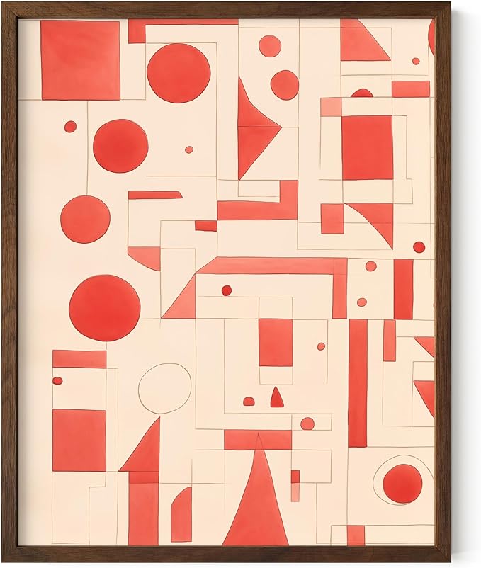 HAUS AND HUES Colorful Abstract Wall Art - Minimalist Retro Picture for Living Room Decor, Red and Pink Modern Wall Art Painting (Red Geometric, Walnut Frame, 11x14)