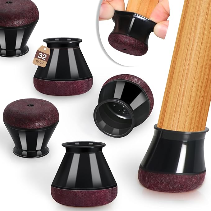 Chair Leg Floor Protectors Chair Leg Protectors for Hardwood Floors Felt Silicone Caps Strengthen Bottom Protection Anti-Scratch Reduce Noise 32 Pack Black Round Medium Fit 3/4" to 1-3/16" (19-30mm)
