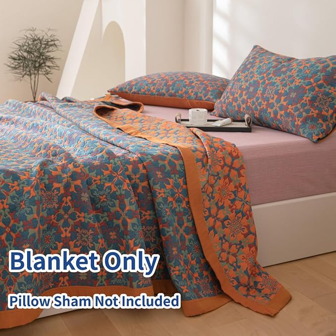 100% Cotton Muslin Blanket Jacquard Bohomian Mandala Floral Print Quilt, Soft Bed Cover Reversible Bedspread Coverlet Breathable Lightweight Bedding Full/Queen(78"x94"), No Pillow Sham