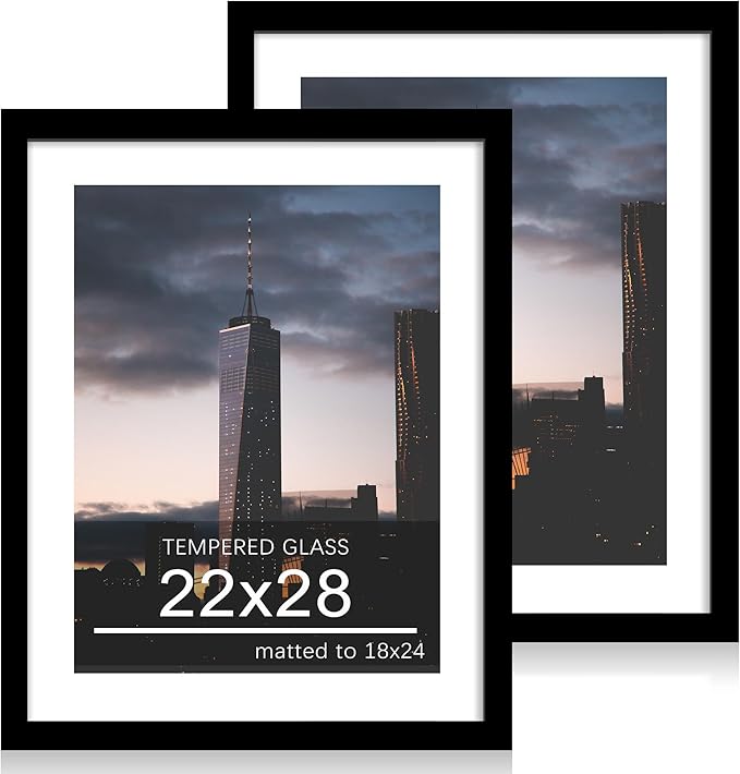 22x28 Picture Frame Set of 2, 22 x 28 Wood Poster Frames with Mat for 18x24, Wooden Photo Frames with Tempered Glass Cover for Wall Display,Black
