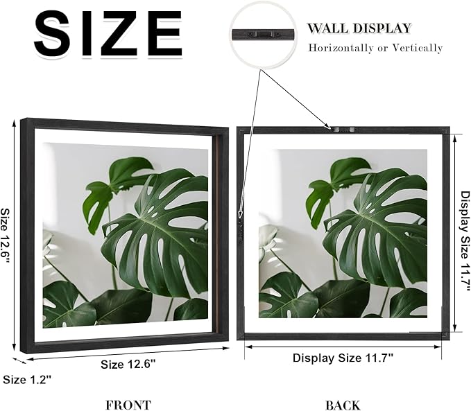Egofine 12x12 Floating Frames Set of 2, Double Plexiglass Picture Frame, Made of Solid Wood Display Any Size Photo up to 12x12, Wall Mount or Tabletop Standing, Faded Black