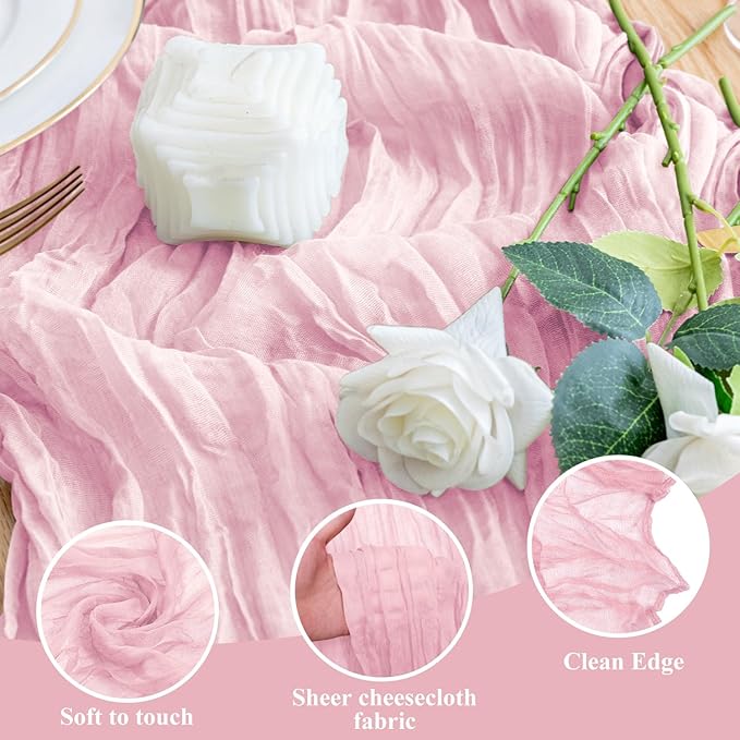 Wokceer Cheesecloth Table Runner 4Pack 10FT Blushing Pink Christmas Gauze Cheese Cloth Table Runner for Party Easter Rustic Sheer Table Runners for Baby Bridal Shower Wedding