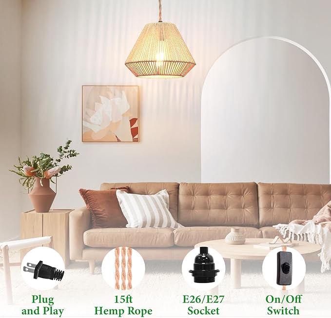 Plug in Pendant Light Rattan Hanging Lamp, Rattan Pendant Light with on/Off Switch,Rattan Woven LampShade Hanging Lamp Plug in for Living Room,Bedroom,Farmhouse