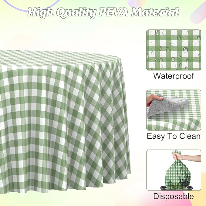 3 Pcs Sage Green Gingham Tablecloth Decorations, Disposable Round Green Checkered Tablecloth Buffalo Plaid Table Cover for Baby Shower Bridal Wedding Birthday Party Supplies,84x84 Inch