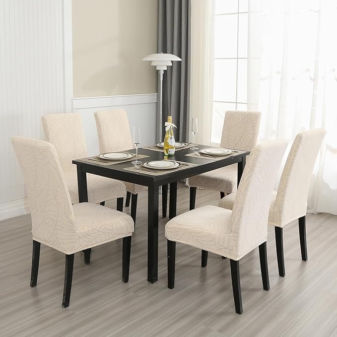 MOSAYT 100% Waterproof Dining Room Chair Covers Set of 6, Super Fit Stretch Jacquard Parson Chairs Slipcovers Removable Washable Chair Seat Protectors for Home, Kitchen, Banquet (Beige)