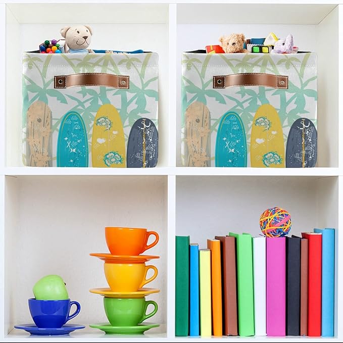 susiyo Large Foldable Storage Bin Palm Trees Surf Boards Fabric Storage Baskets Collapsible Decorative Baskets Organizing Basket Bin with PU Handles for Shelves Home Closet Bedroom Living Room-2Pack