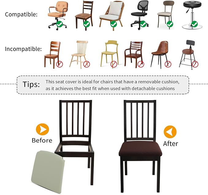 Fuloon Waterproof Seat Cushion Covers 6 PCS, Stretch Jacquard Chair Seat Covers Washable Dining Room Seat Slipcovers Removable Kitchen Chair Protector (6, Waterproof-Chocolate)