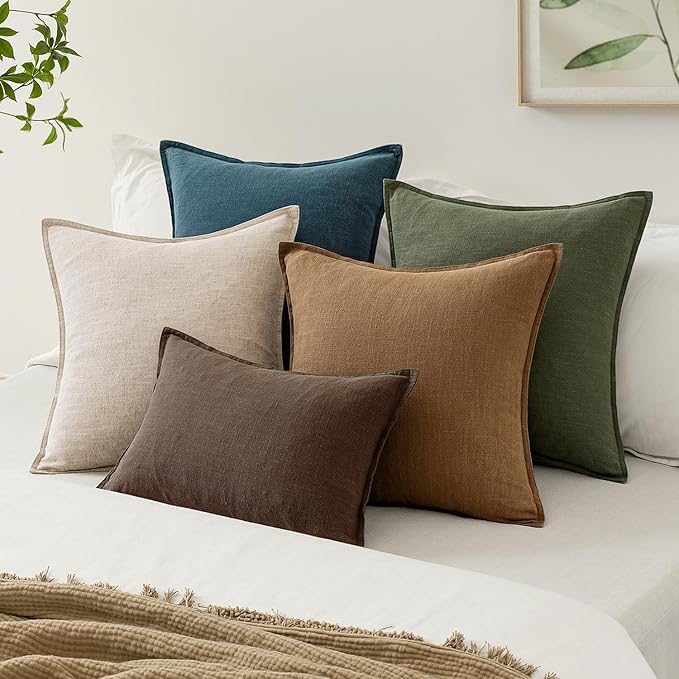 EMEMA Decorative Linen Throw Pillow Covers 24x24 Inch Brown Boho Farmhouse Neutral Couch Throw Pillows for Bed Pack of 2 Accent Pillowcase Modern Sofa Cushion Livingroom Home