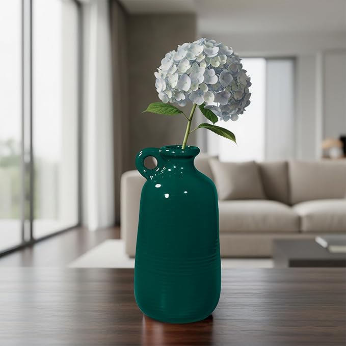 Sunddo Green Ceramic Vase 10 Inch - Modern Decorative Vase with 1 Handle, Table, Shelf Bookshelf,Mantel,Entryway Decor and Centerpieces
