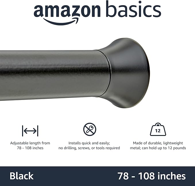 Amazon Basics Tension Curtain Rod, Adjustable 78-108" Width - Black, Classic Finial