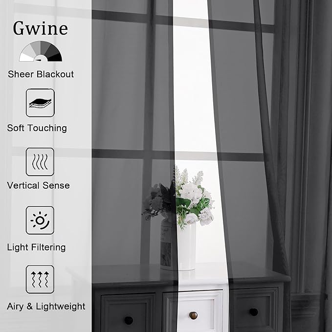 Gwine Black Sheer Curtains 120 Inches Long 2 Panels Set, Lightweight Extra Long Sheer Black Curtains for Living Room Bedroom, Farmhouse Filmy Soft Rod Pocket Curtain, 59 Wx120 L Inch, 2 PCS, 10ft