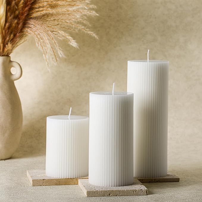Ribbed Pillar Candles Set of 3, Width 3" High 4" 6" 8" Large Soy Wax Orchids Scented Pillar Candles Aesthetic Ribbed Modern Home Decor for Bathroom Living Room(White)