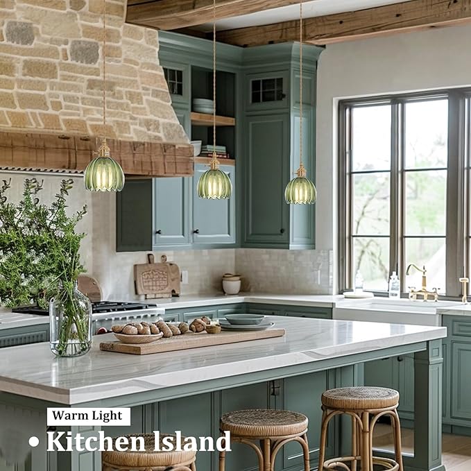 Pendant Light 2 Pack with Green Tulip Glass Lmapshade, Brass Vintage Pendant Light Adjustable Hanging Light for Kitchen Island Dining Room Hallway