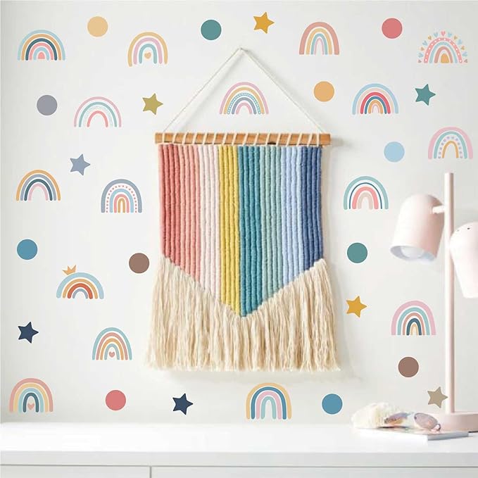 Rainbow Wall Decals for Children Room - 4 Sheets 76Pcs Boho Star & Dots Wall Stickers | Peel and Stick Nursery Decor, Playroom, Classroom | Removable Waterproof Wall Art