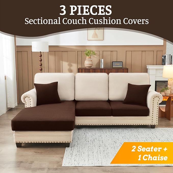 Sectional Couch Covers for Sofa Cushion L Shaped Couch Cover Washable Soft Couch Cushion Covers Stretch Sofa Slipcovers with 2 Pcs Pillowcases(3-Piece 2 Seater + 1 Chaise, Brown)
