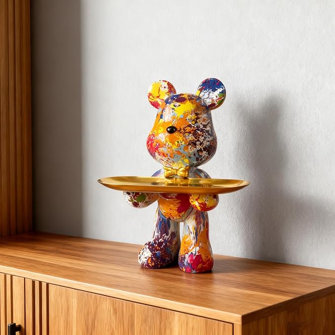 Bear Statue Resin Tray Sculpture for Home and Office Decor, Suitable for Bedroom, Living Room, Office on Table, Desktop, Shelves and Cabinet (Splash Dot)