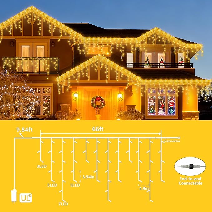 YEGUO 66ft 800 LED Icicle Lights Outdoor, 160 Drops Icicle Christmas Light Connectable, 8 Modes Warm White Xmas Icicle Lights with Memory Timer