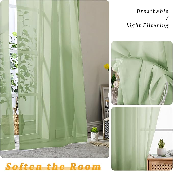 Gwine Light Green Sheer Curtains for Living Room 45 inches Long, Short Voile Light Filtering Window Treatments Sheer Curtains for Bedroom, Half Window Drapes with Rod Pocket, Each 42" Wx45 L