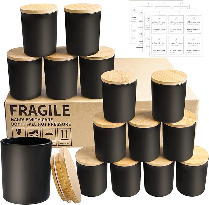 CONNOO 15 Pack 7 OZ Matte Black Candle Jars with Bamboo Lids for Making Candles, Thick Glass Candle Jars Empty Jars in Bulk with lids - Dishwasher Safe