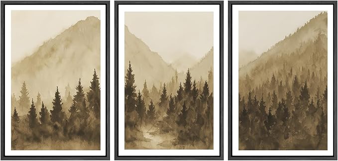SIGNWIN Framed Canvas Print Wall Art Set Misty Mountain Pine Landscape Neutral Sepia Tone Nature Illustrations Modern Art Decorative Chic Calm for Living Room, Bedroom, Office - 16"x24"x3 Black