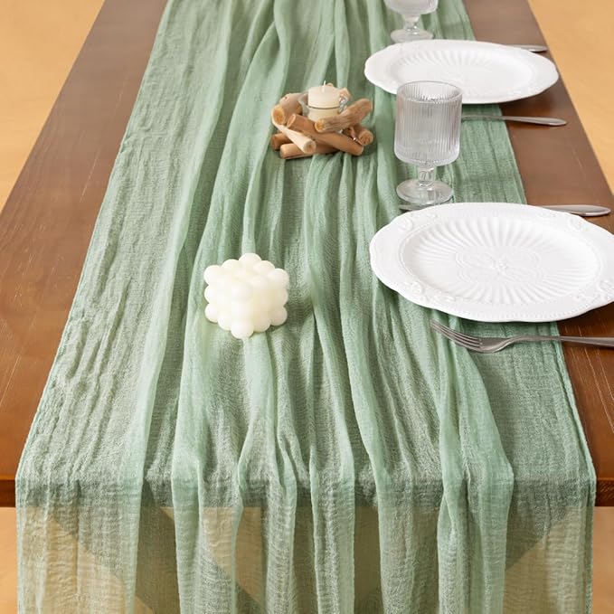 Socomi Sage Green Cheesecloth Table Runner Gauze Valentine's Day 120 Inch Rustic Boho Cheese Cloth Runner for Wedding Party Baby Bridal Shower Centerpiece Decoration Holiday Home Decorations