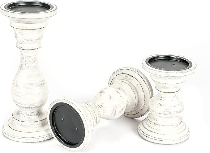 Candle Holder Stand Wooden, Pillar Candle Holder, Unity Candle Holders, Rounded Turned Colums, Country Style Ideal for Gift, Wedding, Christmas, Party, Home - 10,8,6 Inch- Set of 3 -Antique White