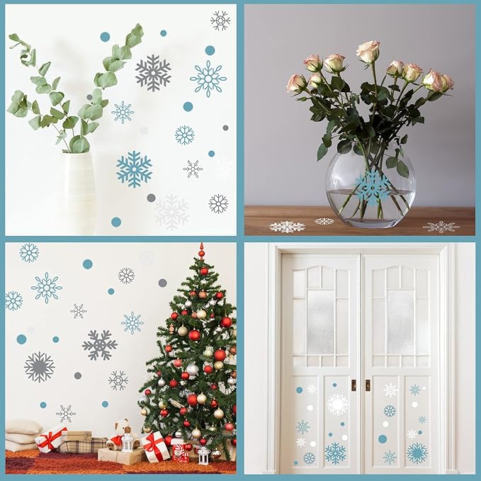Outus 249 Pcs/ 6 Sheets Winter Snowflakes Wall Decals Snowflake Winter Party Silver and Blue Wall Decals Removable Home Decor(Blue, Grey, White)