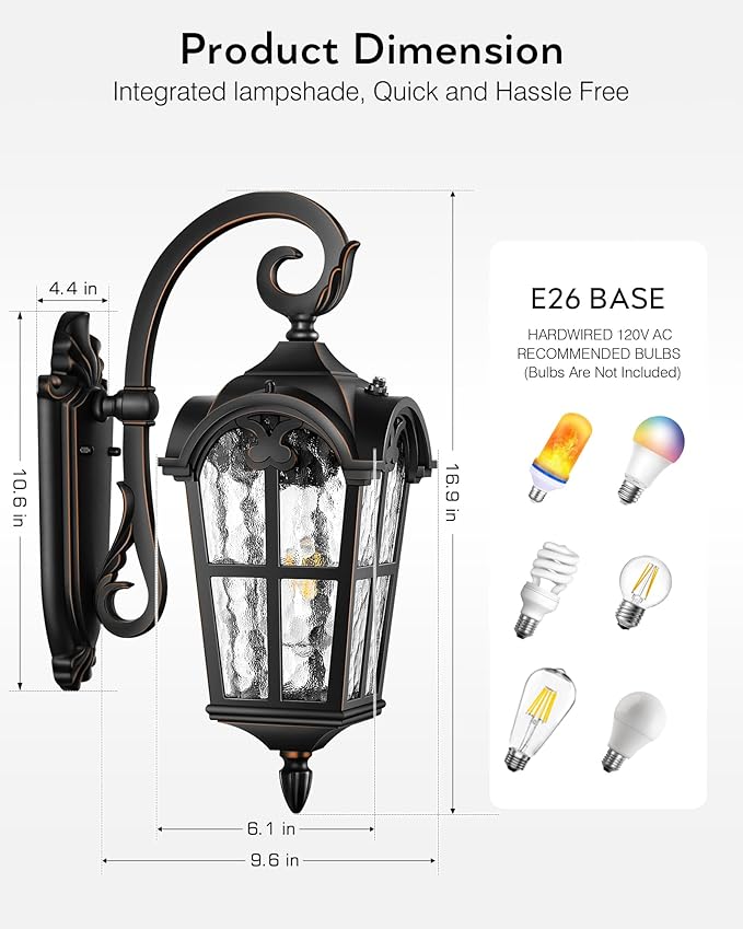 VIANIS Outdoor Lights for House, Black Dusk to Dawn Outdoor Lights with Gold Trim, 2-Pack Modern Outside Wall Light, Coach Lighting for Garage with Ripple Glass, Aluminum Waterproof and Anti-Rust