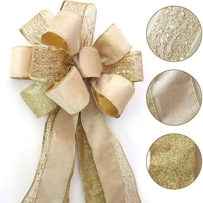 Christmas Tree Topper Bow, 43x13 Inches Large Toppers Bows for Christmas Tree, Glitter Satin Mesh Streamer and Wired Edge, Xmas Ornament Treetop Hanging Decorations & Gift