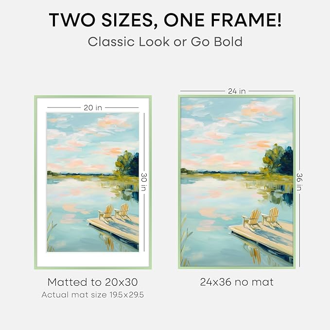 Homeforia 24x36 Sage Green Picture Frame, High End Metal 24x36 Large Poster Frames with Mat 20x30 inch Photo, 24 x 36 Thin Frame Matted to 20 x 30 Art, 36x24 Frames, Tempered Glass, Wall Kit, Set of 2