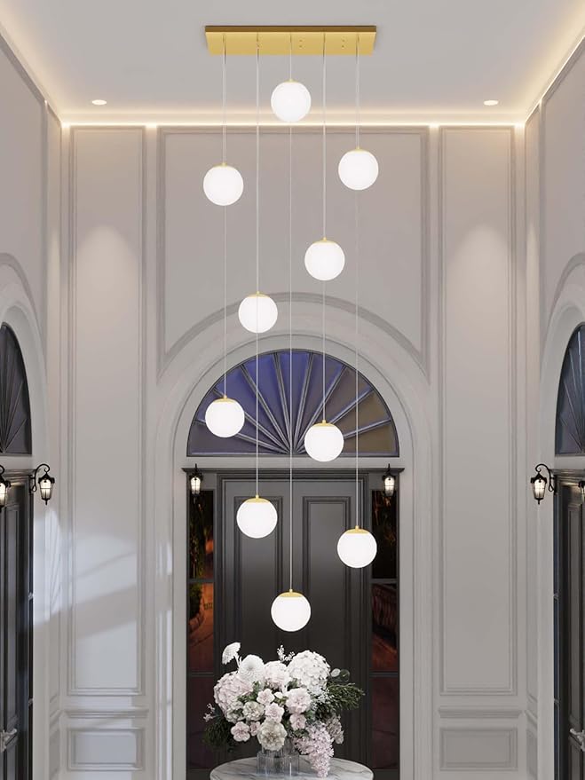 10-Lights Globe Chandelier Gold Pendant Lighting Fixture Hanging Ceiling Light for Dining Room, Kitchen Island,High Ceiling Chandelier Glass Ball Hanging Lighting for Living Room Staircase Entryway