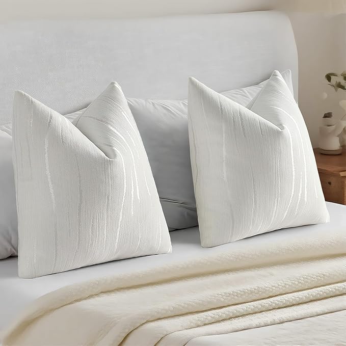 HAUSSY White Throw Pillow Covers 20x20 Inch Set of 2, Boho Embossed Striped Textured Decorative Pillowcases Soft Chenille Cushion Cases, Modern Home Decor for Couch Bed Living Room