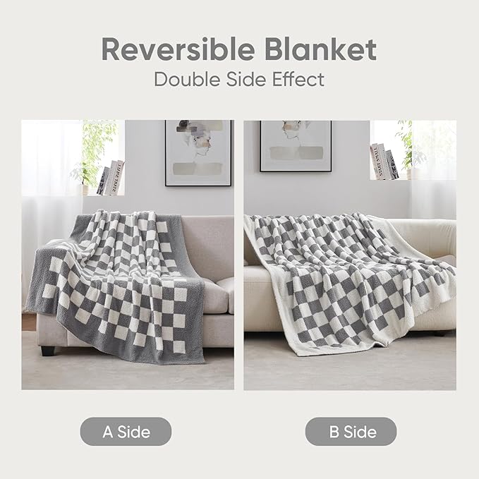 Snuggle Sac Checkered Bedding Blanket Twin Size 60x80, Super Soft, Cozy Warm Knit Blankets, Reversible Breathable Lightweight Fluffy Throws for Sofa, Bed, Checkered Grey, 60x80 Inches