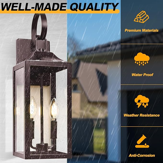 19" Oil Rubbed Bronze Outdoor Wall Lantern 2-Light, Large Outside Modern Sconce Light Fixture, Brown Porch Light Wall Mount with Glass, Waterproof Farmhouse Exterior Lamp Lighting, 2 Pack
