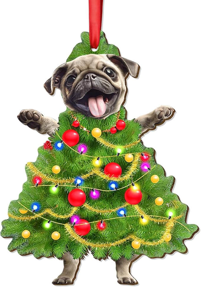 34HD Pug Christmas Ornament 2025 – Wooden Hanging Xmas Tree Ornament Decoration, Cute and Funny Christmas Keepsake Gifts and Home Decor for Dog Lovers and Pet Owners