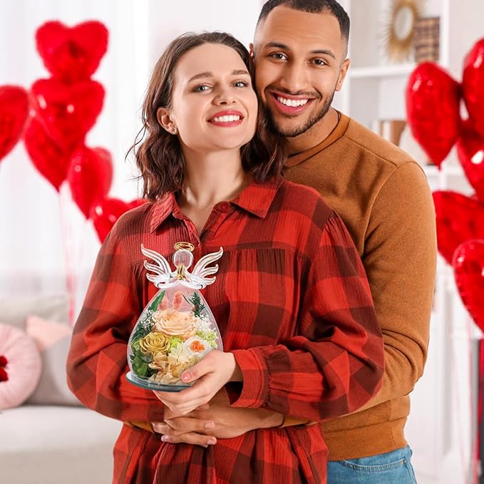 FIACO Gifts for Women Birthday Christmas Preserved Rose Forever Flower in Glass Angel Figurines Fresh Flowers for Delivery for Mom Real Colorful Roses for Grandma Wife Her from Daughter