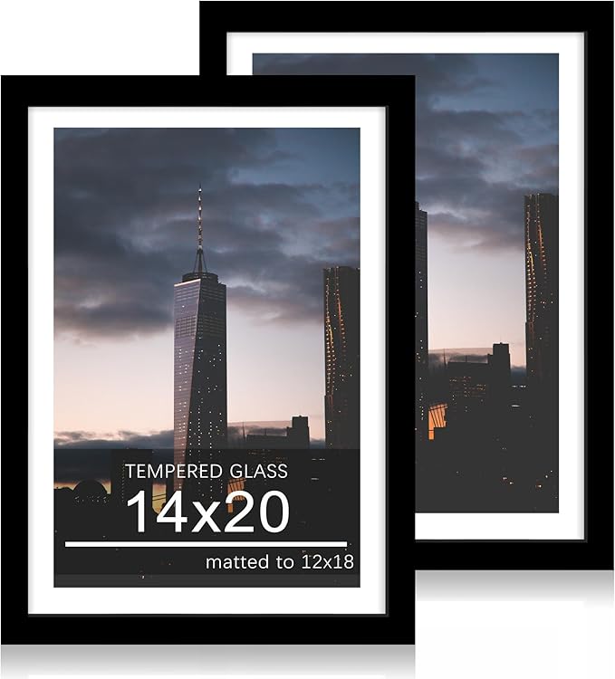 14x20 Poster Frame Set of 2, 14 x 20 Wood Picture Frames with Mat for 12x18, Wooden Photo Frame with Tempered Glass Cover for Wall Mounting Display, Black