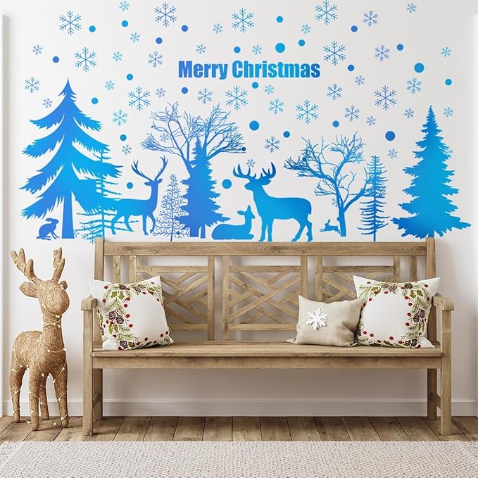 52.87x30.07 Inch Blue Merry Christmas Tree Deer Snowflake Wall Sticker - Removable Forest Animals Art Wall Sticker for Christmas Party Supplies Home Decor