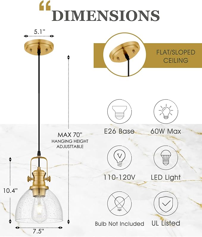 Pendant Lights Kitchen Island, 7.5" Farmhouse Pendant Lighting with Clear Seeded Glass Shade, Vintage Hanging Light Fixtures for Dining Room, Brushed Gold, AD-22151-1P-GD