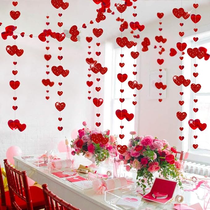 52Ft Valentines Day Party Decorations Red Heart Garland Metallic Glitter Hanging Heart Streamer Banner for Anniversary Mother's Day Engagement Wedding Bridal Shower Bachelorette Hen Party Supplies